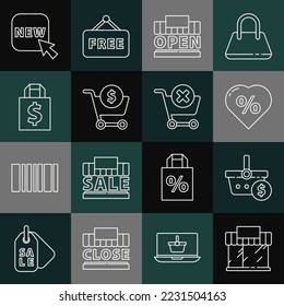 Set line Shopping building or market store, basket and dollar, Discount percent tag heart, open, cart, Shoping bag, Button with text New and Remove shopping icon. Vector