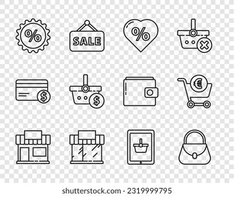 Set line Shopping building or market store, Handbag, Discount percent tag heart, basket dollar, on tablet and cart euro icon. Vector