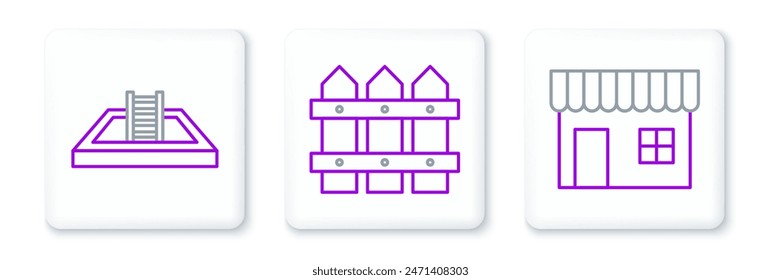 Set line Einkaufsgebäude oder Markt, Schwimmbad mit Leiter und Gartenzaun aus Holz Ikone. Vektorgrafik