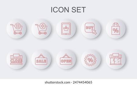 Set line Shopping building or market store, and text closed, basket on tablet, Discount percent tag, Remove shopping cart, Add, Hanging sign with Sale and Open icon. Vector