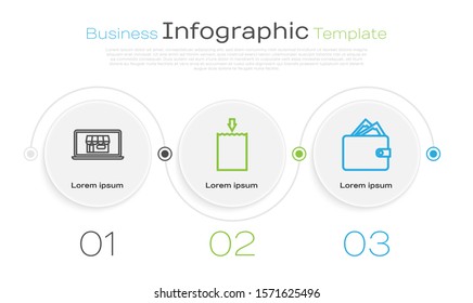 Set line Shopping building on screen laptop, Paper shopping bag and Wallet with stacks paper money cash. Business infographic template. Vector