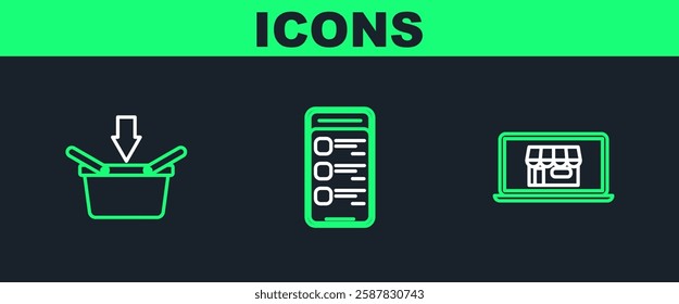 Set line Shopping building on screen laptop, basket and Online shopping mobile phone icon. Vector