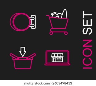 Set line Shopping building on screen laptop, basket, cart and food and Signboard hanging icon. Vector