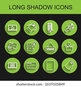 Set line Shopping building on screen laptop, Credit card, cart, Paper shopping bag, Blank label template price tag, check and financial check, basket and Hanging sign with text Closed icon. Vector