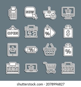 Set line Shopping building and open, Shoping bag with percent discount, dollar, Remove shopping basket, or market store, Hanging sign Open, POS terminal credit card and Discount tag icon. Vector
