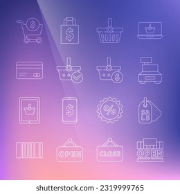 Set line Shopping building and open, Price tag with Sale, Cash register machine, basket, check mark, Credit card, cart dollar and  icon. Vector