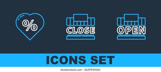 Set line Shopping building and open, Discount percent tag heart and text closed icon. Vector