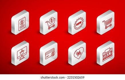 Set line Shopping building and sale, cart dollar, Price tag with text New, Discount percent heart, Paper check financial check, Credit card and Monitor shopping basket icon. Vector