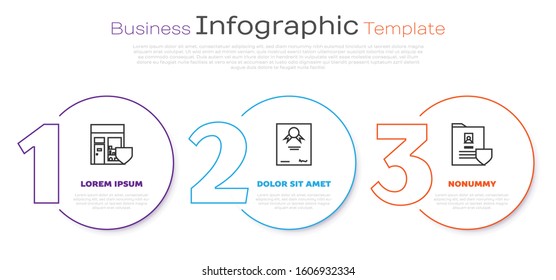 Set line Shopping building with shield, Certificate template and Document with shield. Business infographic template. Vector
