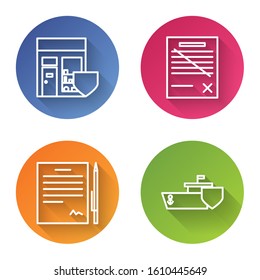 Set line Shopping building with shield, Delete file document, Contract with pen and Ship with shield. Color circle button. Vector