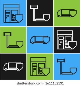 Set line Shopping building with shield, Delivery cargo truck with shield and Judge gavel with shield icon. Vector