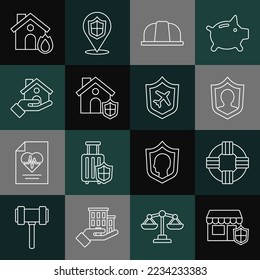Set line Shopping building with shield, Lifebuoy, insurance, Worker safety helmet, House, Fire burning house and Plane icon. Vector