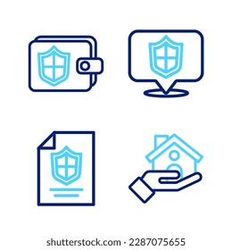 Set line Shopping building with shield, Contract, Location and Wallet icon. Vector