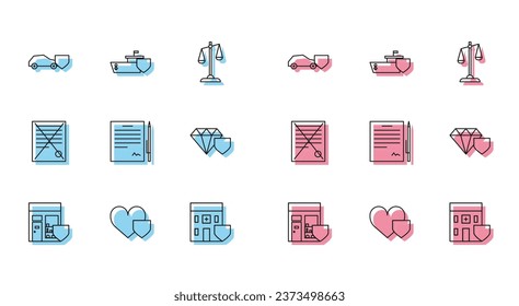 Set line Shopping building with shield, Heart, Car, Medical hospital, Contract pen, Diamond, Delete file document and Ship icon. Vector