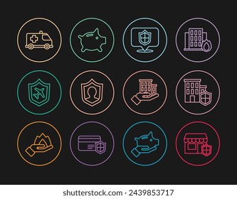Set line Edificio comercial con escudo, casa, ubicación, seguro de vida, avión, coche de emergencia, y el icono de la hucha. Vector