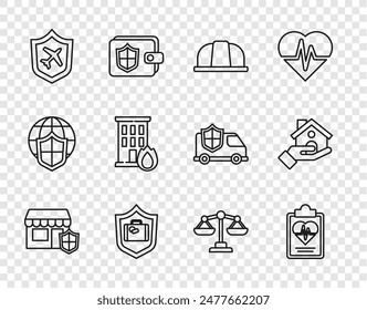 Set line Shopping building with shield, Health insurance, Worker safety helmet, Travel suitcase, Plane, Fire burning house, Scales of justice and House icon. Vector