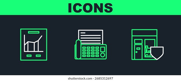 Set line Shopping building with shield, Document graph chart and Fax machine icon. Vector