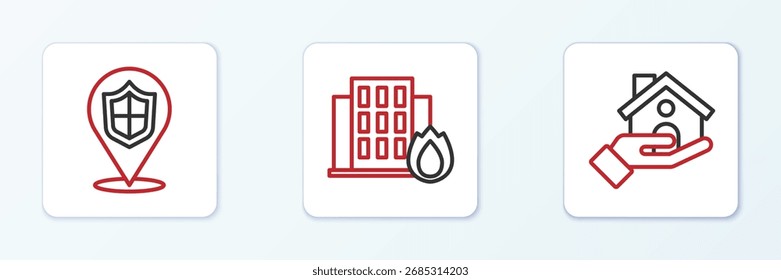 Set line Shopping building with shield, Location and Fire burning house icon. Vector