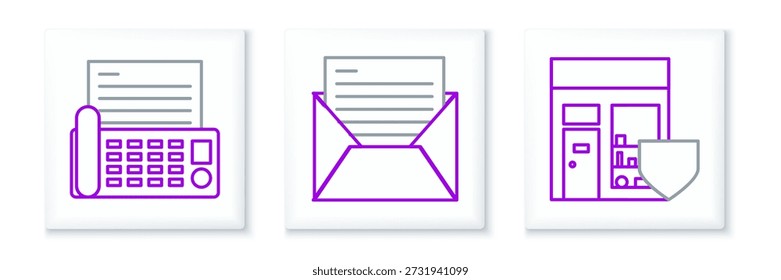 Establezca el edificio de compras de la línea con el escudo, la máquina de fax y el correo electrónico icono. Vector