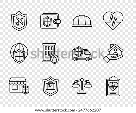 Set line Shopping building with shield, Health insurance, Worker safety helmet, Travel suitcase, Plane, Fire burning house, Scales of justice and House icon. Vector