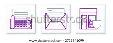 Set line Shopping building with shield, Fax machine and Mail and e-mail icon. Vector