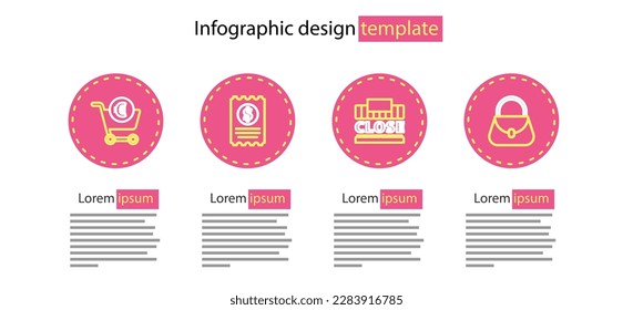 Set line Shopping building and text closed, Handbag, Paper check financial check and cart euro icon. Vector