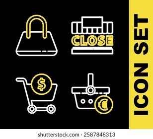 Set line Shopping building and text closed, basket euro, cart dollar and Handbag icon. Vector
