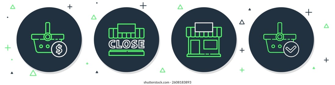 Set line Shopping building and text closed, or market store, basket dollar and with check icon. Vector