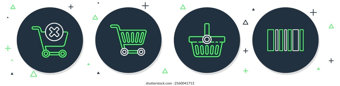 Set line Shopping cart, basket, Remove shopping and Barcode icon. Vector