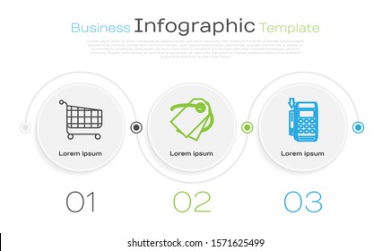 Set line Shopping cart, Blank label template price tag and Pos terminal with inserted credit card. Business infographic template. Vector