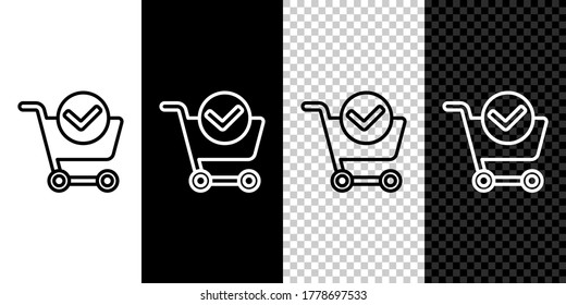 Set line Shopping cart with check mark icon isolated on black and white background. Supermarket basket with approved, confirm, tick, completed. Vector Illustration