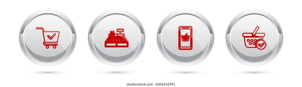 Set line Shopping cart with check mark, Cash register machine, Mobile and shopping basket and . Silver circle button. Vector