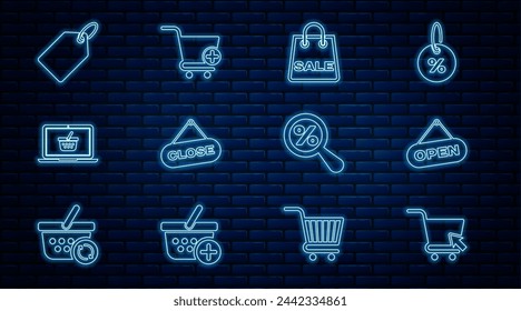 Set line Shopping cart with cursor, Hanging sign Open door, bag Sale, Close, basket on laptop, Label template price tag, Magnifying glass percent and Add icon. Vector