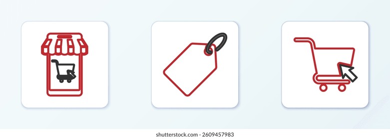 Set line Shopping cart with cursor, Mobile and shopping and Label template price tag icon. Vector