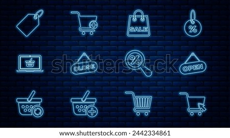 Set line Shopping cart with cursor, Hanging sign Open door, bag Sale, Close, basket on laptop, Label template price tag, Magnifying glass percent and Add icon. Vector