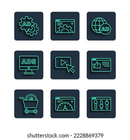 Set line Shopping cart and dollar, Website statistic, Browser setting, Advertising,  and window icon. Vector