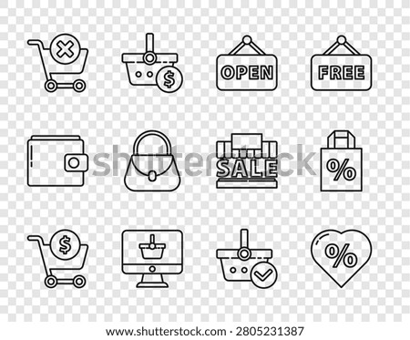 Set line Shopping cart and dollar, Discount percent tag heart, Hanging sign with Open, Monitor shopping basket, Remove, Handbag, check mark and Shoping discount icon. Vector