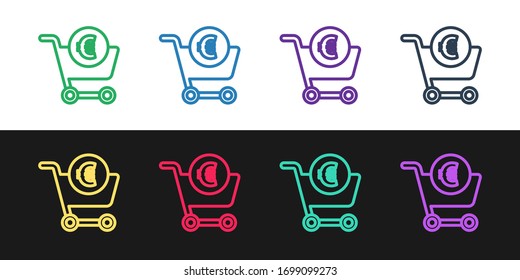 Set line Shopping cart and euro symbol icon isolated on black and white background. Online buying concept. Delivery service. Shopping cart. Vector Illustration