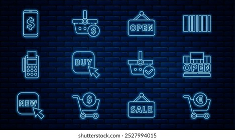 Set line Shopping cart and euro, building open, Hanging sign with Open, Buy button, POS terminal credit card, Smartphone dollar, basket check mark and  icon. Vector