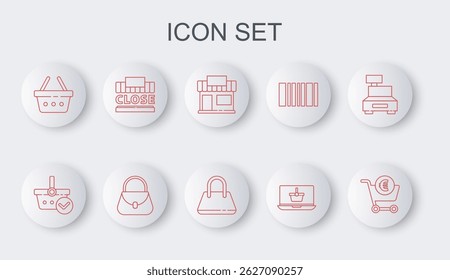 Set line Shopping cart and euro, basket with check mark, building or market store, on laptop, text closed, Handbag and  icon. Vector