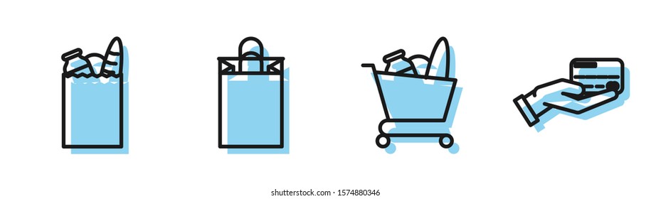 Set line Shopping cart and food, Paper shopping bag and food, Paper shopping bag and Human hand holding with credit card icon. Vector