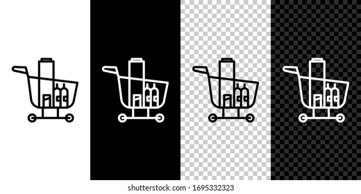 Set line Shopping cart and food icon isolated on black and white background. Food store, supermarket. Vector Illustration