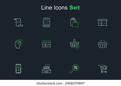 Set line Shopping cart and food, Magnifying glass with percent, Cash register machine, Online shopping on phone, basket, Add to, Market store and Discount tag icon. Vector