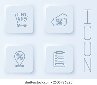 Set line Shopping cart and food, Discount percent tag, Location with and Clipboard checklist. White square button. Vector