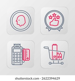 Set line Shopping cart and food, POS terminal with credit card, Consumer or customer product rating and Coin money icon. Vector