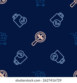 Set line Shopping cart and food, Paper shopping bag and Magnifying glass with percent on seamless pattern. Vector