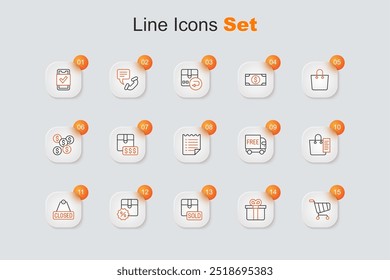 Set line Shopping cart, Gift box, Sold, Cardboard with discount, Hanging sign text Closed, list, Free delivery service and Wish template icon. Vector
