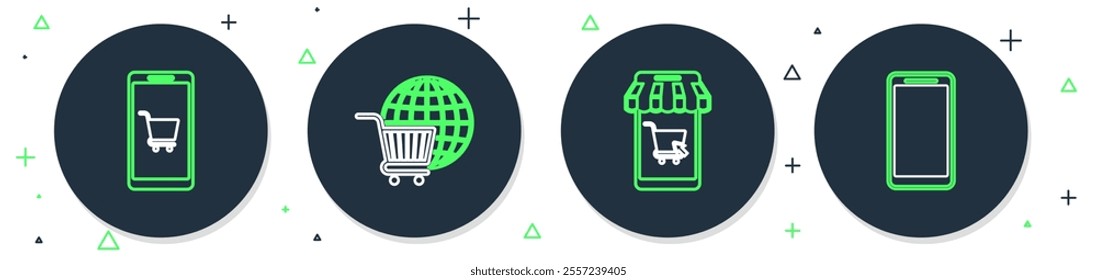 Set line Shopping cart with globe, Mobile and shopping,  and Smartphone, mobile phone icon. Vector