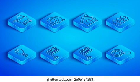 Set line Shopping cart with house, Real estate message, House key, Hanging sign Sold, Rent, Garden fence wooden,  and Search icon. Vector