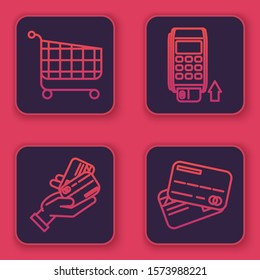 Set line Shopping cart, Human hand holding with credit card, Pos terminal with inserted credit card and Credit card. Blue square button. Vector